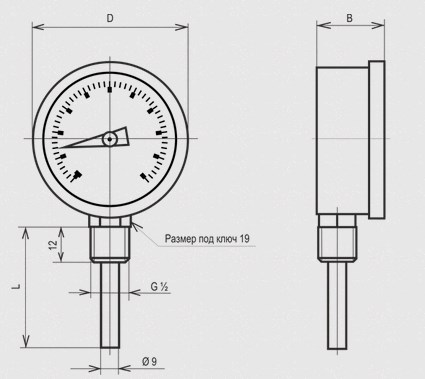 Габаритные и установочные размеры термометра ТБУ-63