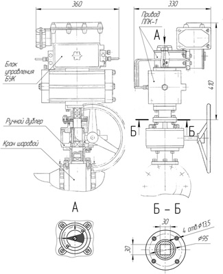 Схема габаритных и установочных размеров Пневмопривода ППК-1